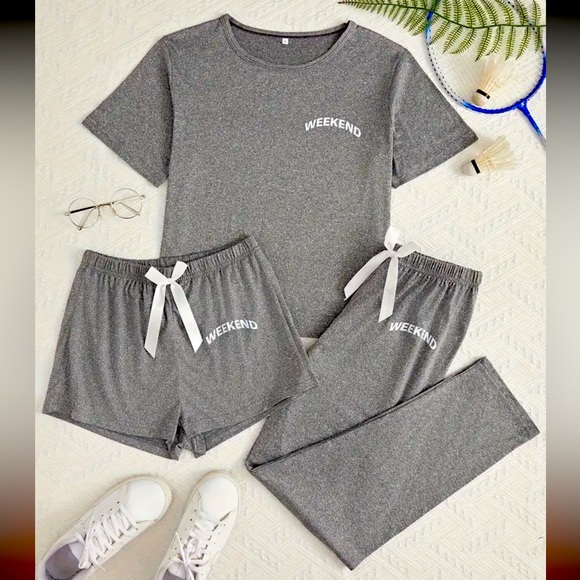 NEW 3-Piece Loungewear, PJ Set, Top, Shorts & Pants w/ WEEKEND" Print L - Picture 1 of 5